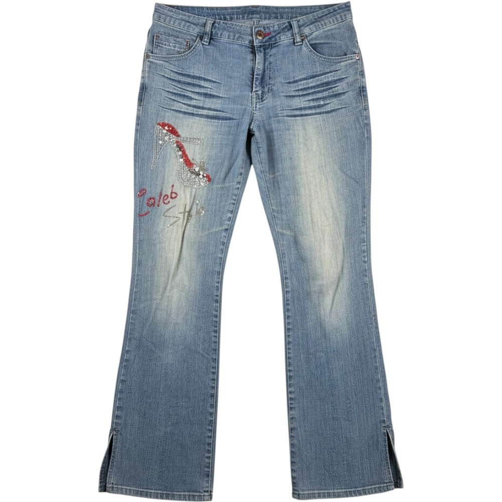 Raw Blue Lady Y2K Sequin Celeb Style Flare Jeans Size 11/12 Light Wash Slit Hem